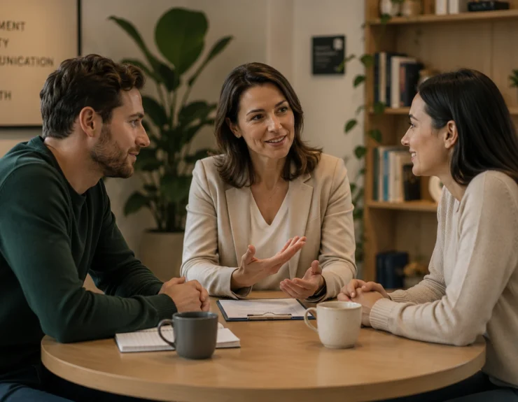 Collaborative meeting in a cozy office co founder conflict coach Home